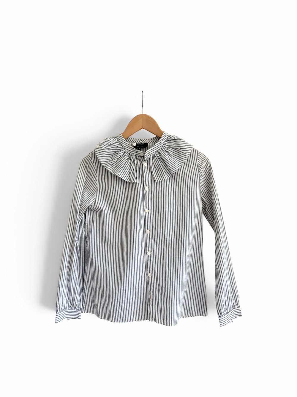 A.P.C. Blue White Striped Ruffle Collar Button Down Blouse 36